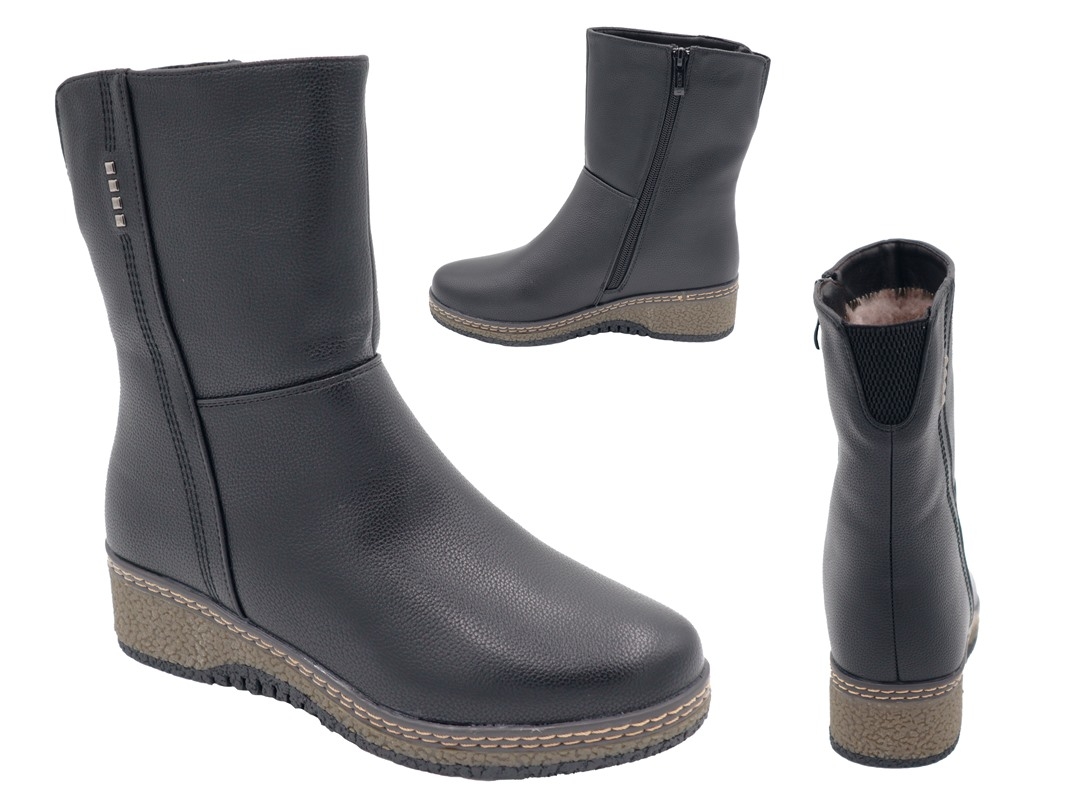 .Da.-Stiefelette, TPR-Sohle, seitlicher Reißverschluss, Ziernieten, Warmfutter, PU, schwarz