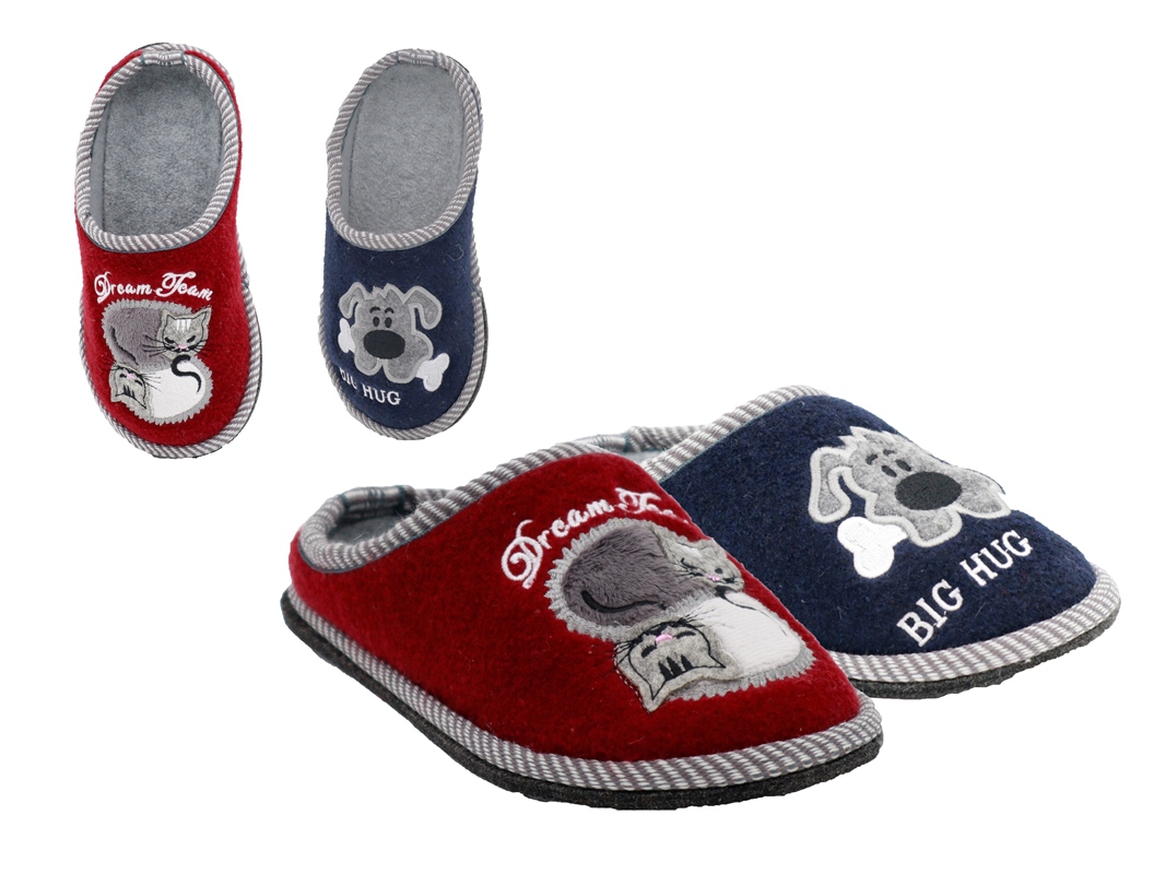 .Ki.-Pantoffel, Filz-Sohle mit Noppen, Filz, mit Motiv Hund und  Katze, navy+bordeaux