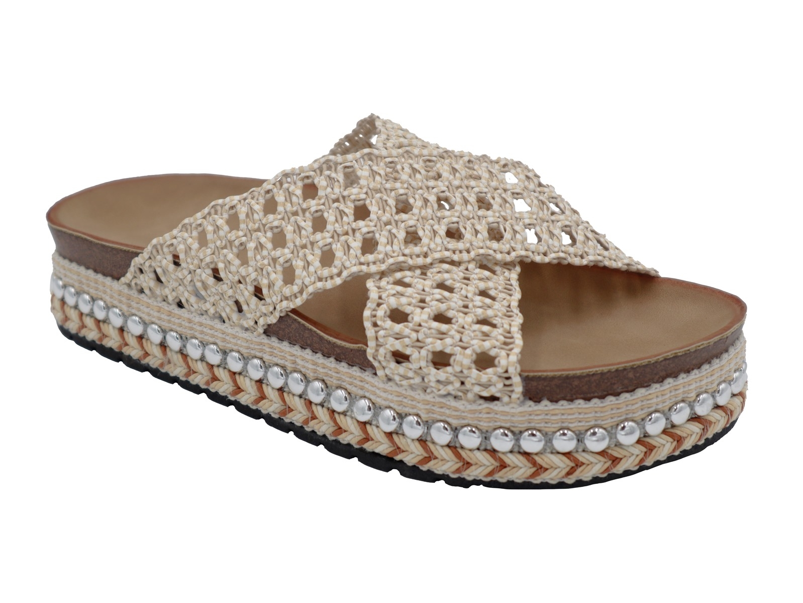 .Da.-Pantolette, PVC-Sohle, 2x gekreuzte Bandagen, Häkeloptik, Ziernieten, PVC, beige