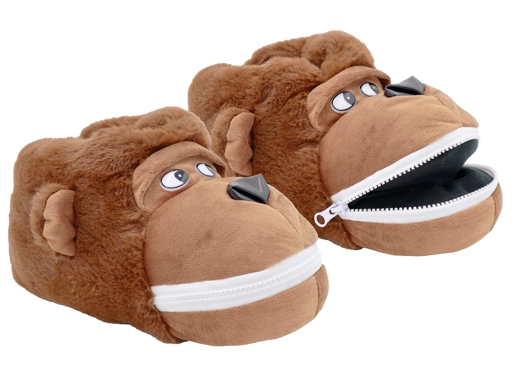 .Ki.-Tierhausschuh, Noppen/Textil-Sohle, "Affe", Doppelgr., Textil, braun