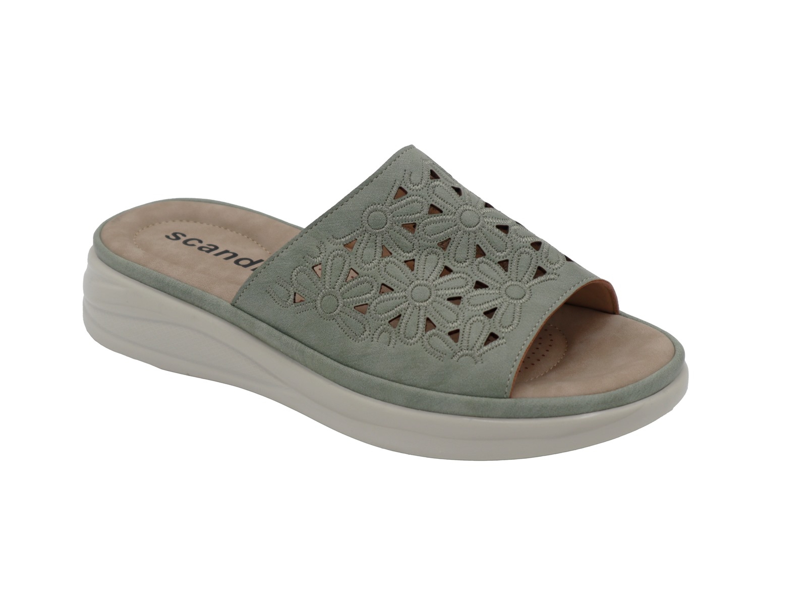 .Da.-Pantolette, PU-Sohle, 1 Bandagen m. Blumenmuster + Löcher, PU, grün