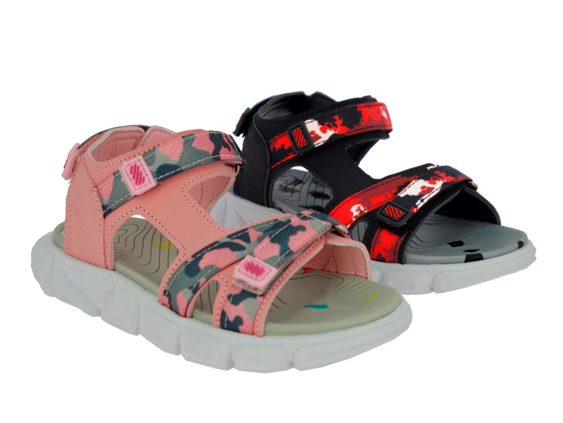 .Ki.-Sandalette, EVA-Sohle, 2x Klettverschl.,  PU/Textil, schwarz-rot + rosa