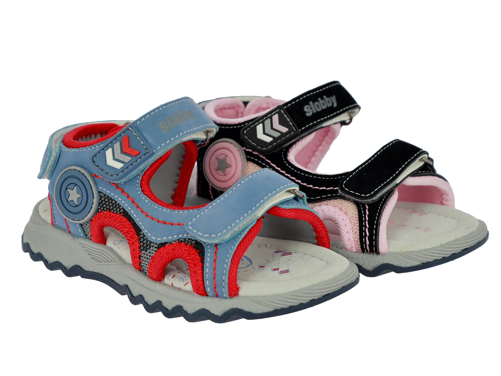 .Ki.-Sandalette, EVA-Sohle, 3xKlettverschluss, PU, blau-rot+schwarz-rosa