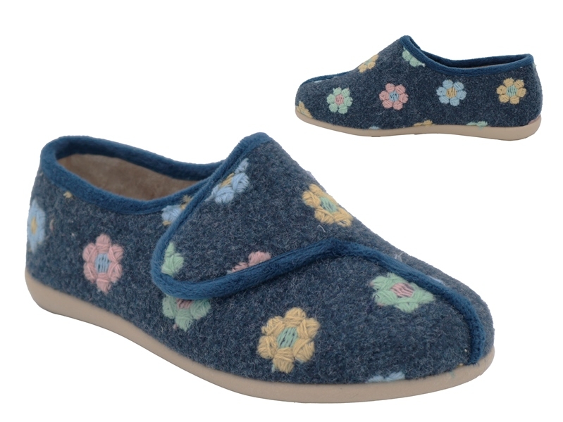 .Da.-Hausschuh, Sp., beige Sohle, Klettverschluss, Blumenstickerei, mit Wechselsohle, Filzstoff, navy