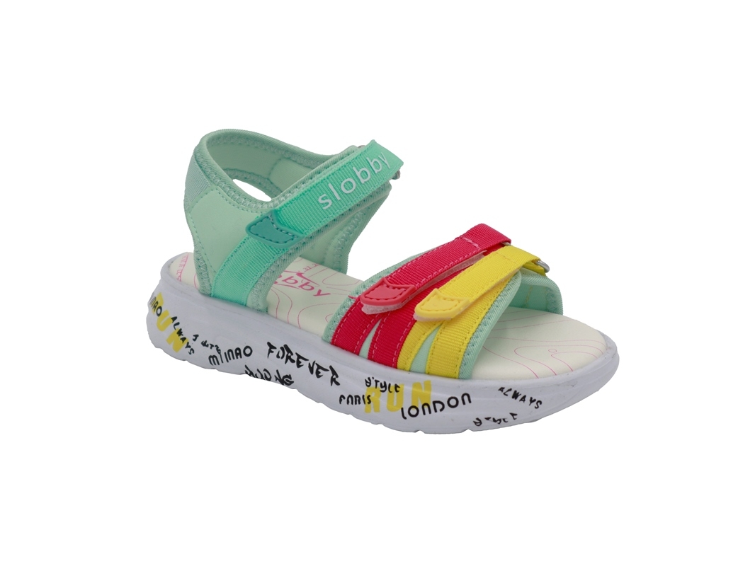 .Ki.-Sandalette, EVA-Sohle m. Schrift, 3x Klettverschl., Textil/PU, türkis-fuchsia-gelb