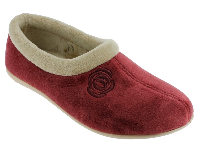 .Da.-Hausschuh, Sp., Polarfleece mit Stickerei, herausnehmbare Innensohle, beige Sohle, bordeaux