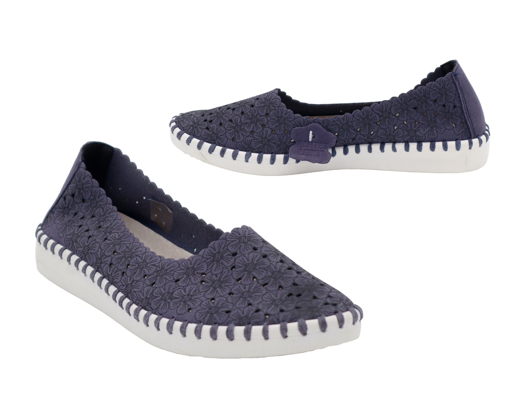 .Da.-Freizeitschuh, Ballerina, ultraflexible Gummisohle, Leder-Wechselsohle, Microfaser, Blumenmuster, navy