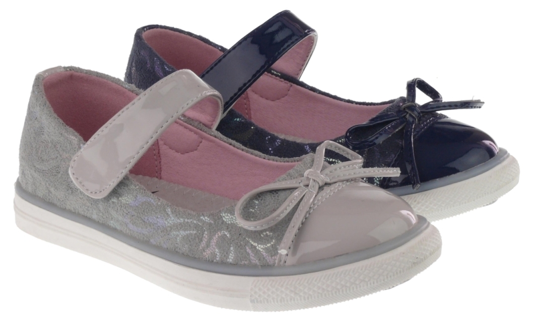 .Ki.-Schuh, TPR-Sohle, Riemen mit Klett, mit Schleife, Lederinnensohle, PU, h.grau+navy