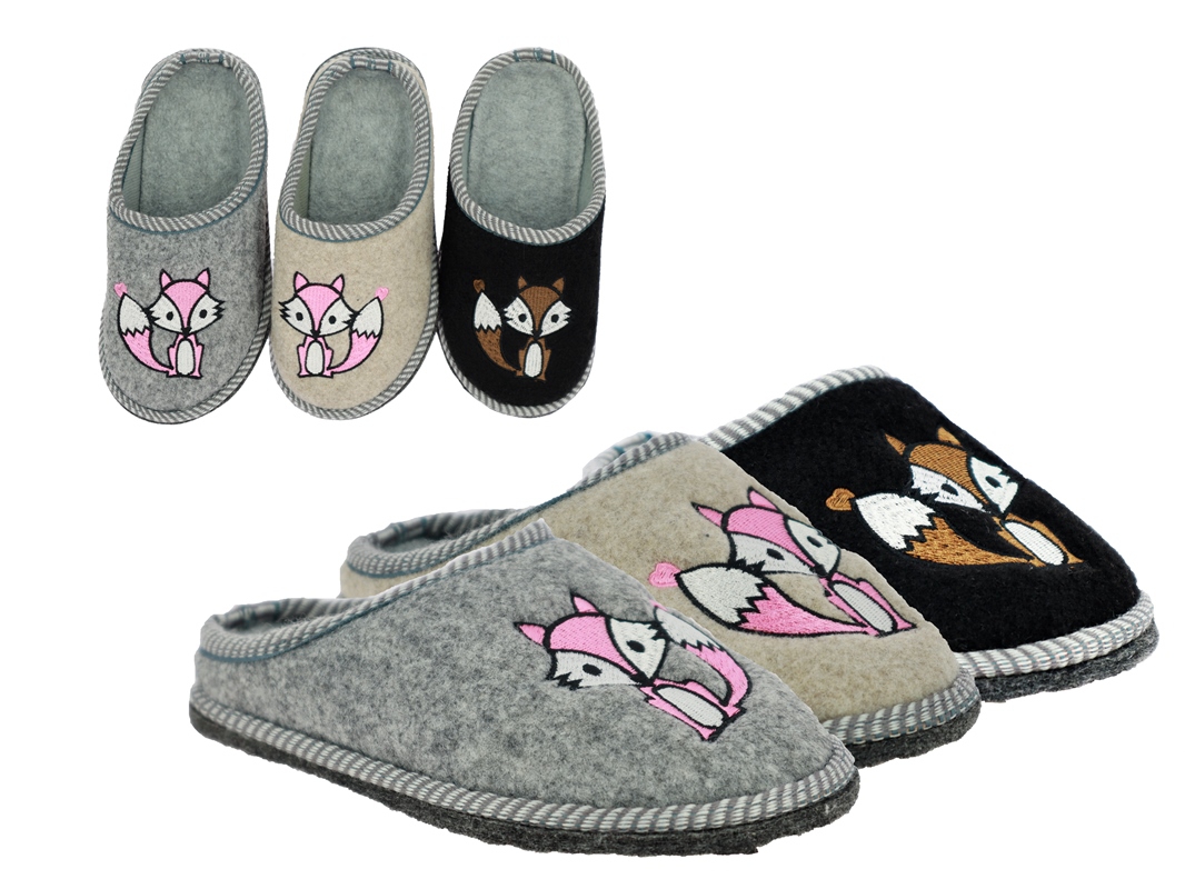 .Ki.-Pantoffel, Filzsohle mit Noppen, mit Stickerei "Fuchs", Filz, beige+grau+schwarz (schwarz mit braunen Fuchs)