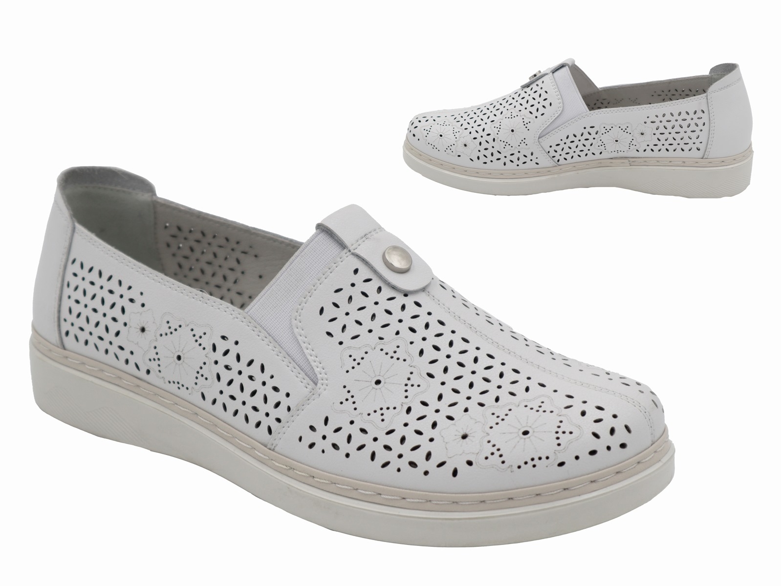 .Da.-Schuh, PU-Sohle, Slipper, mit Gummizug, Lochmuster, Leder, weiß
