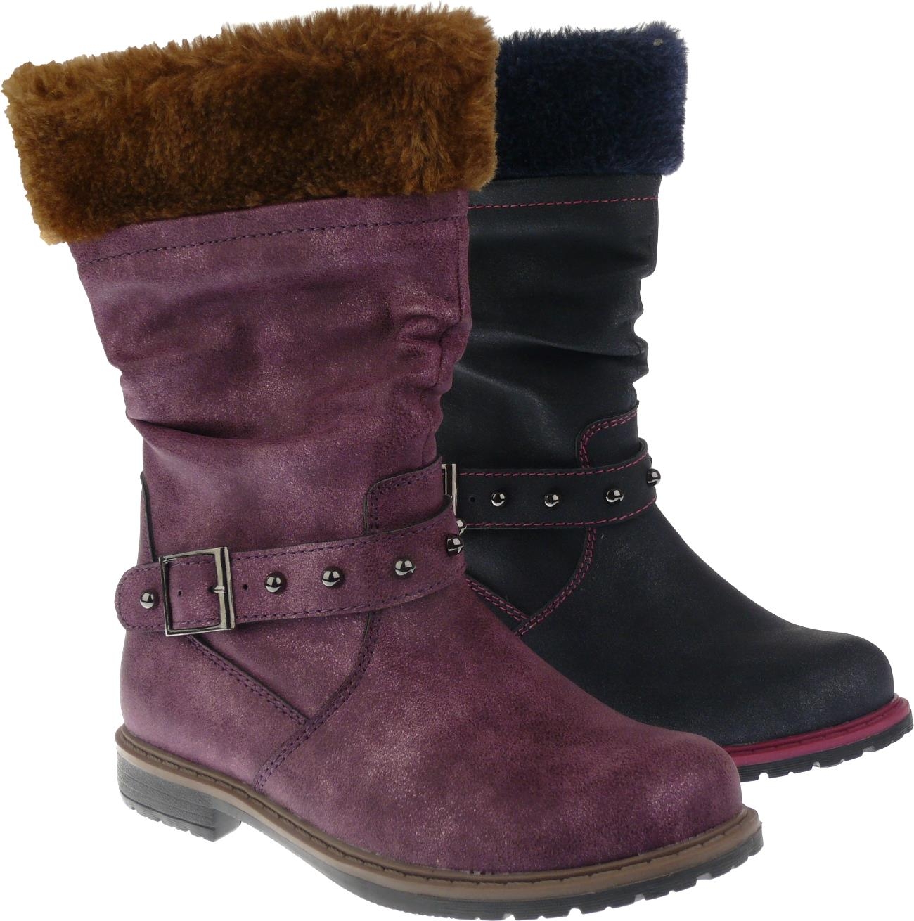 .Ki.-Stiefel, TPR-Sohle, seitl. Reißverschluss, Zierschnalle , PU, Fellrand,Warmfutter, navy + burgund
