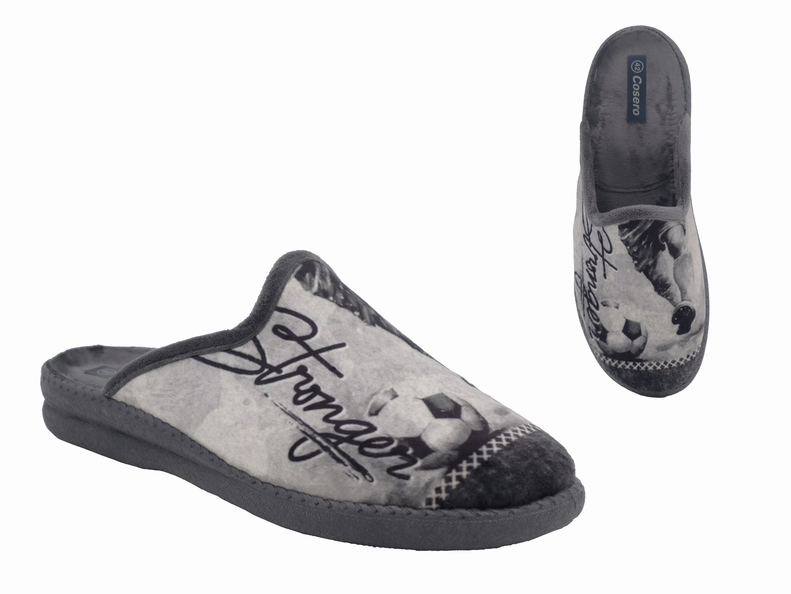 .He.-Pantoffel, Sp., PU-Sohle, "Fussball", Samt, grau