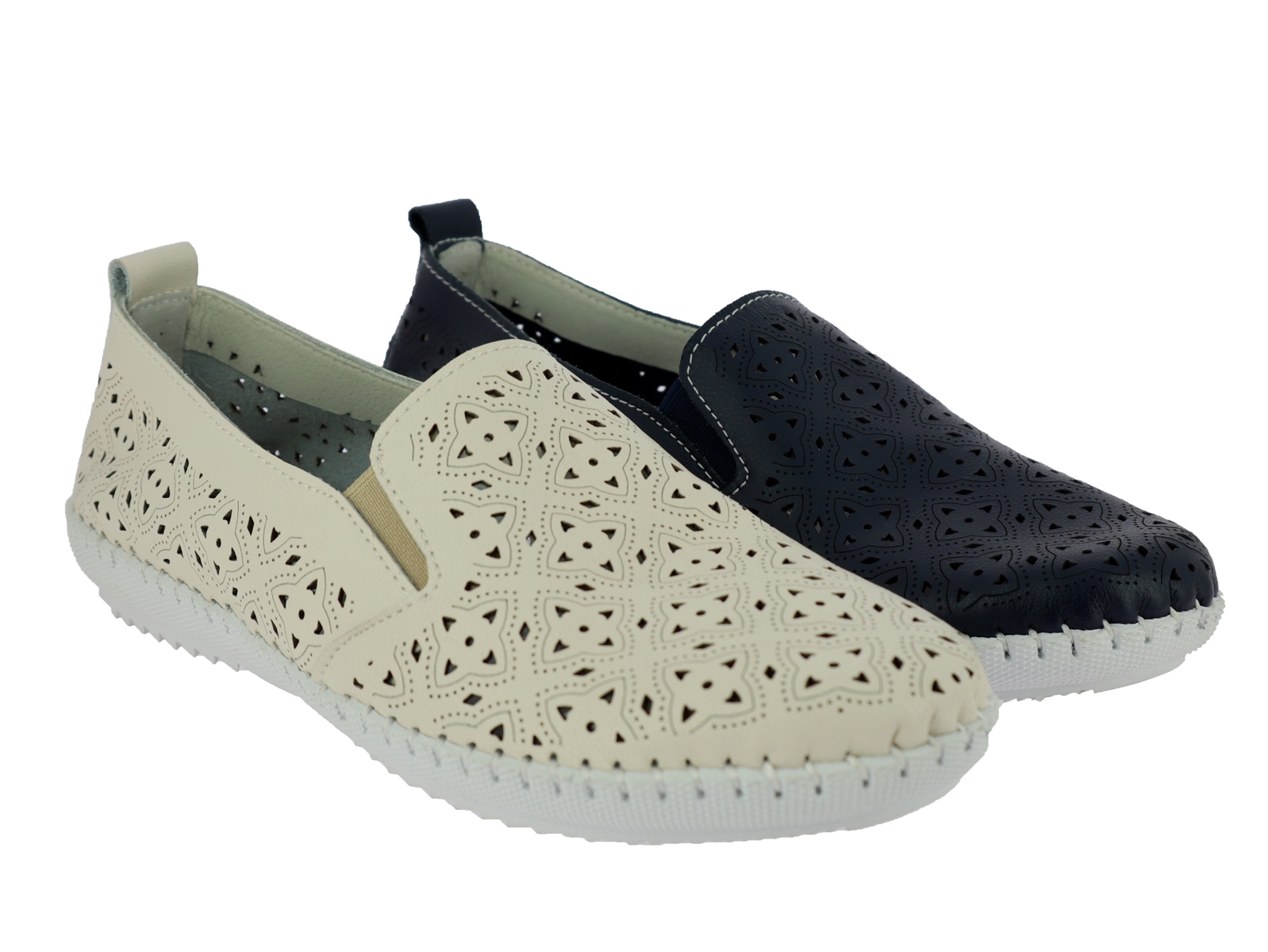 .Da.-Freizeitschuh, Gummi-Sohle, Lederinnensohle, 2x Gummizug, Lochmuster, Leder, navy+beige