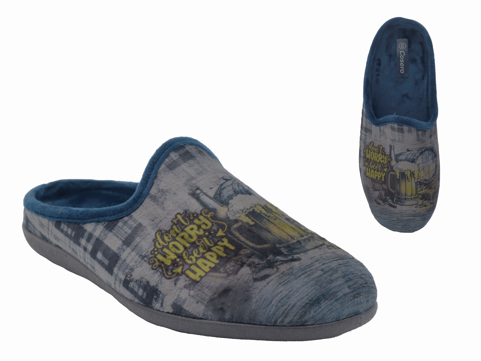 .He.-Pantoffel, Sp., Textil mit Aufdruck, mit Wechsel-FB, PU-Sohle, blau