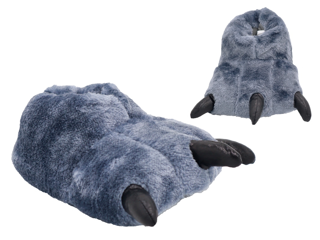 .Ki./Da.-Tierhausschuh, Pfote, Noppen - Textil-Sohle, Doppelgr., plüsch, grau