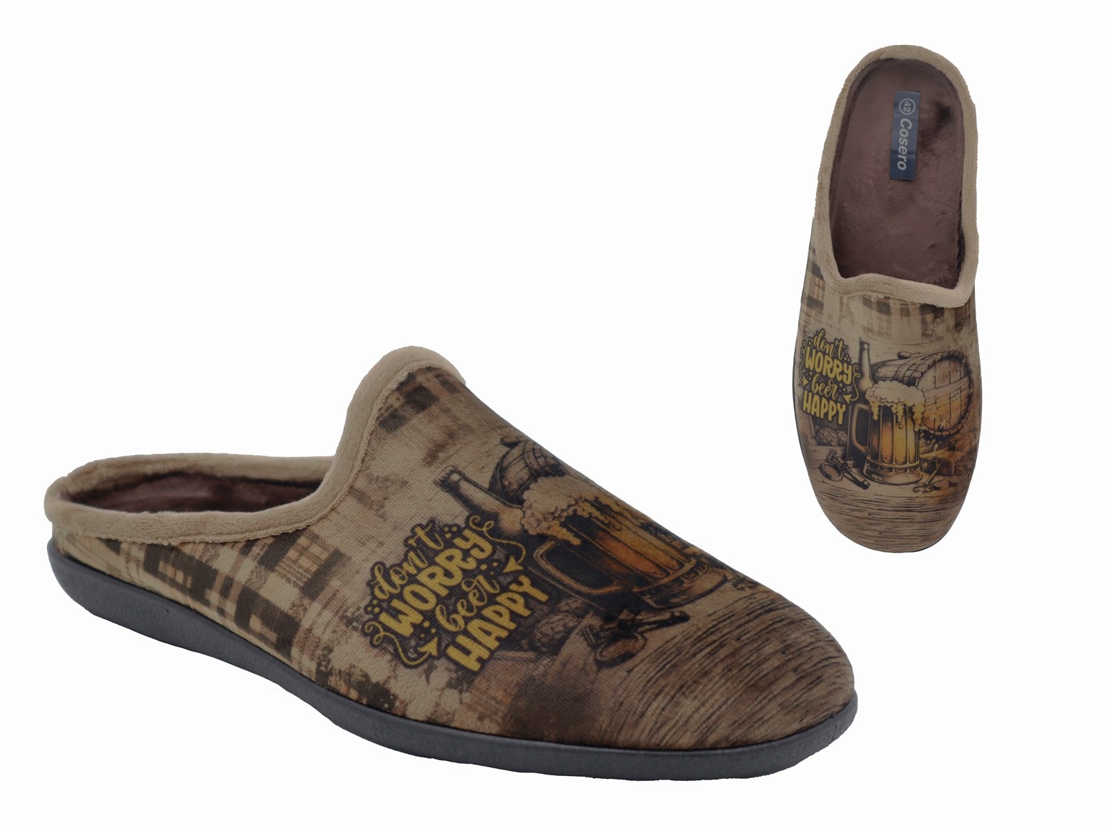 .He.-Pantoffel, Sp., Textil mit Aufdruck, mit Wechsel-FB, PU-Sohle, braun