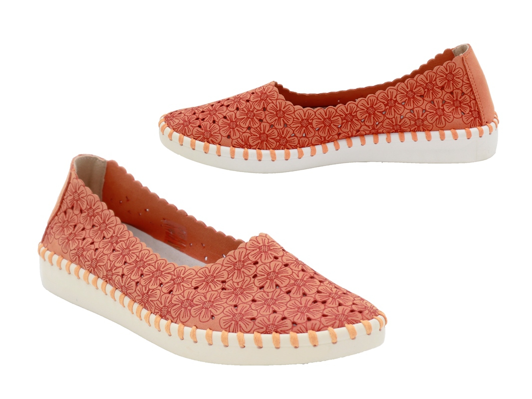 .Da.-Freizeitschuh, Ballerina, ultraflexible Gummisohle, Leder-Wechselsohle, Microfaser, Blumenmuster, coral