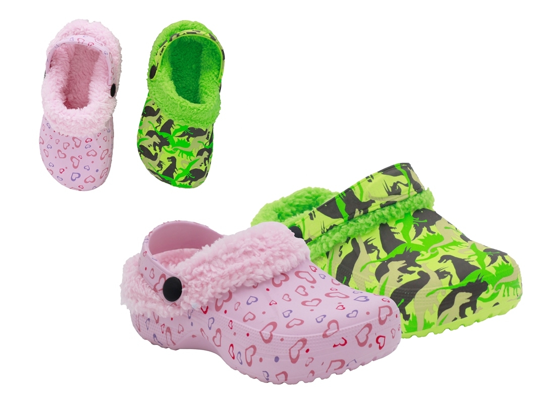 .Ki.-EVA-Clogs, ohne Löcher, mit Riemen, Dino+Herz", gefüttert, grün+rosa