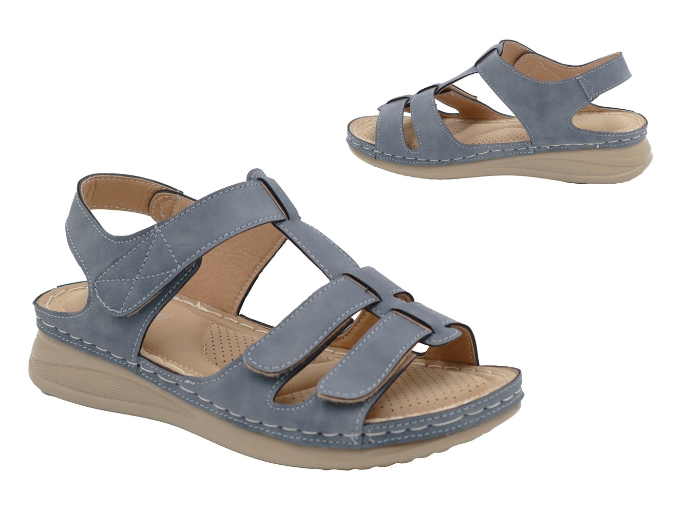 .Da.-Sandalette, PU-Sohle, 3 Riemen m. Klettverschl.,  PU, blau-grau
