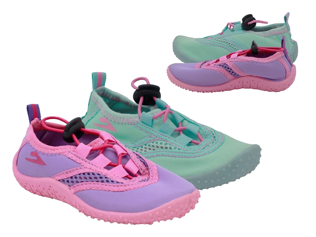 .Ki-Badeschuhe, dünne TPR-Sohle, Band zum verstellen, Polyester, pink+mint