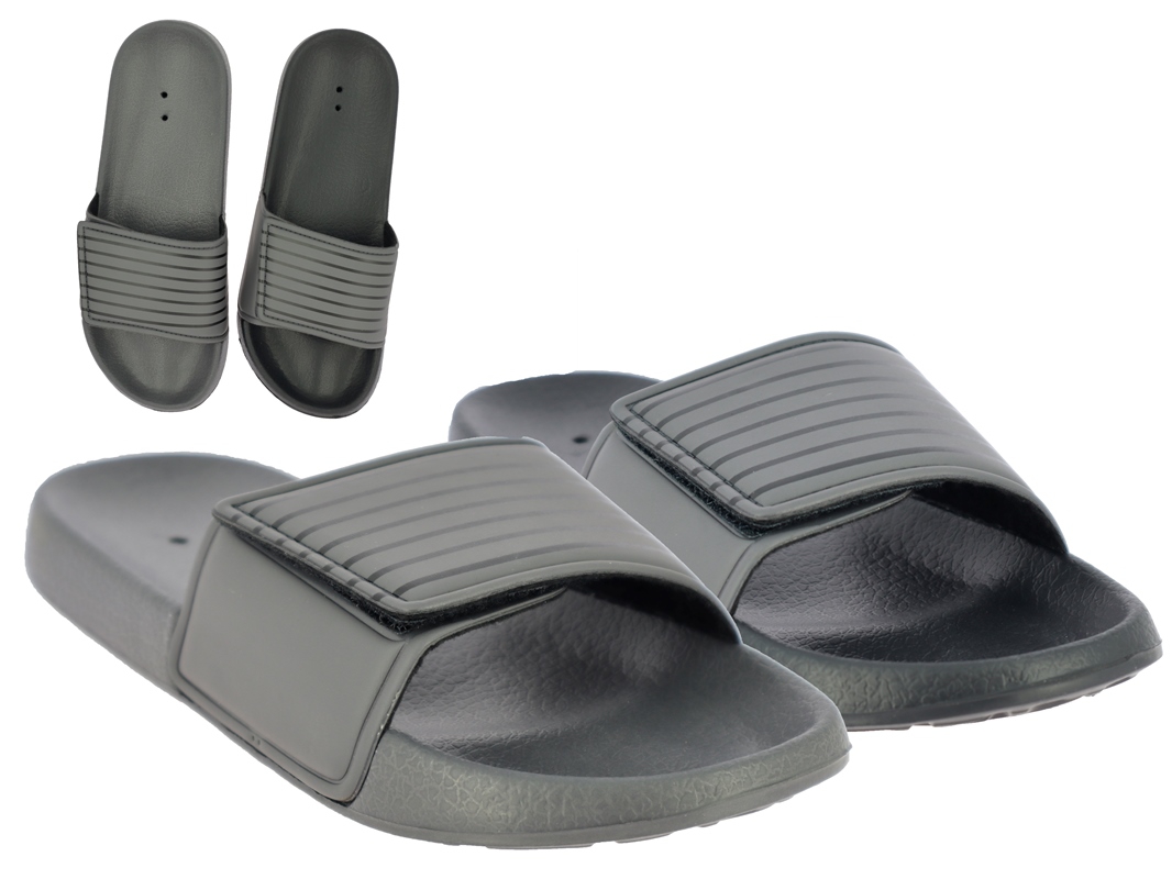 .He.-Badepantolette, EVA, Bandage mit Klett, gestreift, schwarz + dunkelgrau