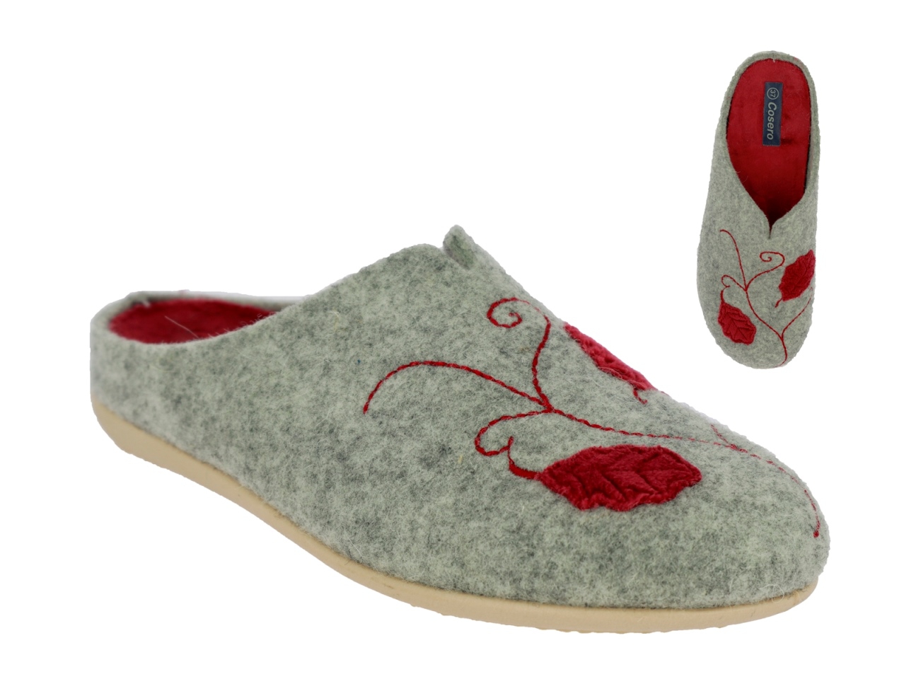 .Da.-Pantoffel, Sp., Filz/Mischgew., mit Blättern, herausnehmb. Innensohle, beige Sohle, grau-bordeaux