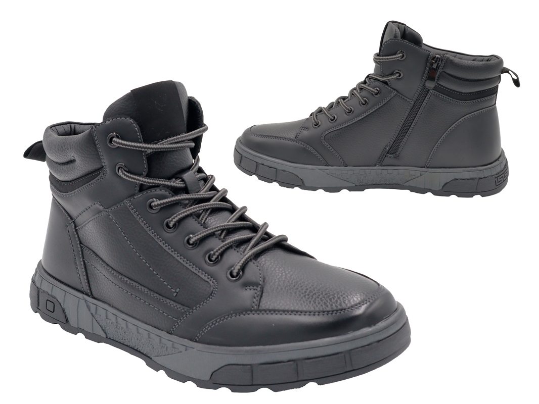 .He.-Knöchelschuh, TPR-Sohle, Schnürung+seitl. Reißverschluss, Fellrand, gefüttert, PU, schwarz