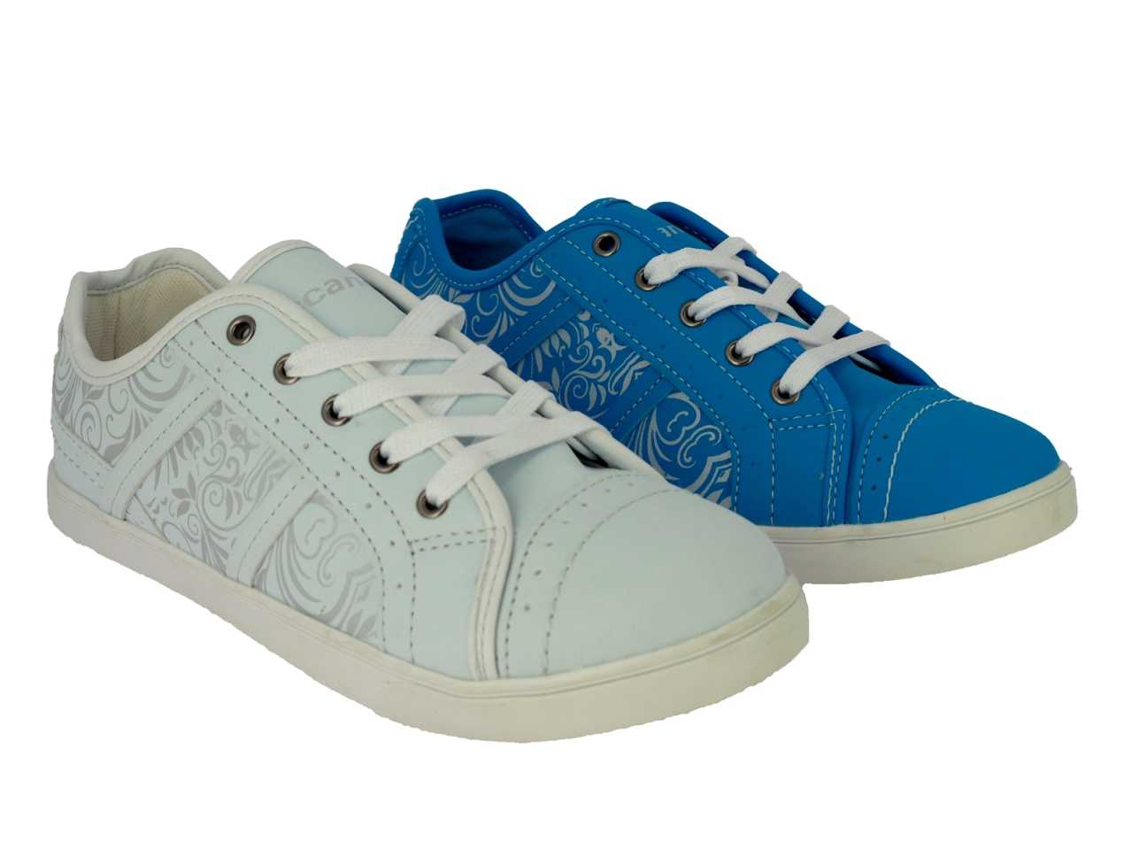 .Da.-Sportschuh, Schnürer, PU, seitl. Blumenmuster, TPR-Sohle, weiss+blau
