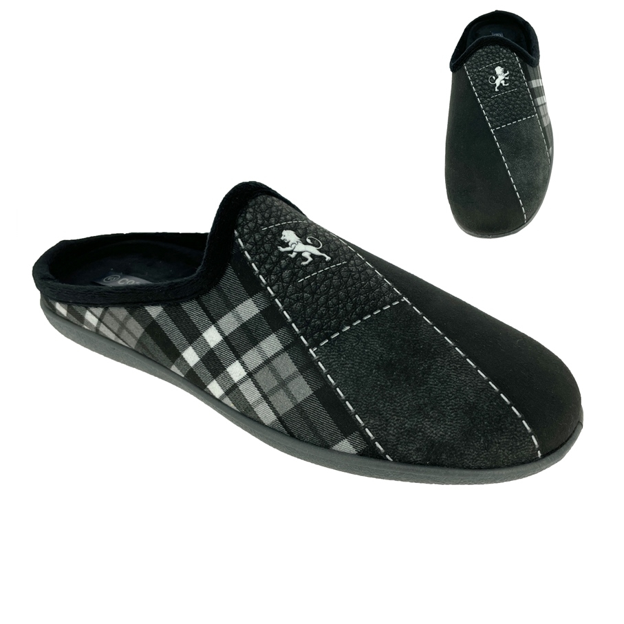 .He.-Pantoffel, Sp., PU-Sohle, Karomuster, Aufdruck: Löwe, herausnehmb.Innensohle, Textil, schwarz