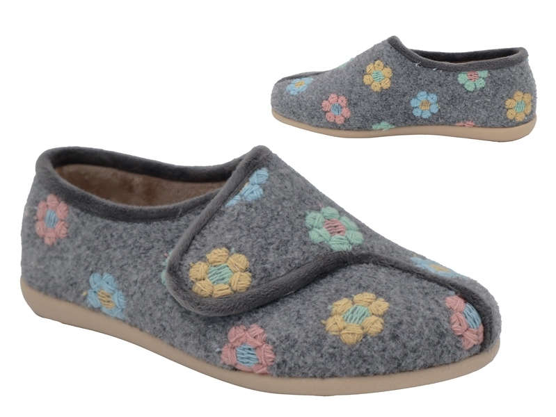 .Da.-Hausschuh, Sp., beige Sohle, Klettverschluss, Blumenstickerei, mit Wechselsohle, Filzstoff, grau