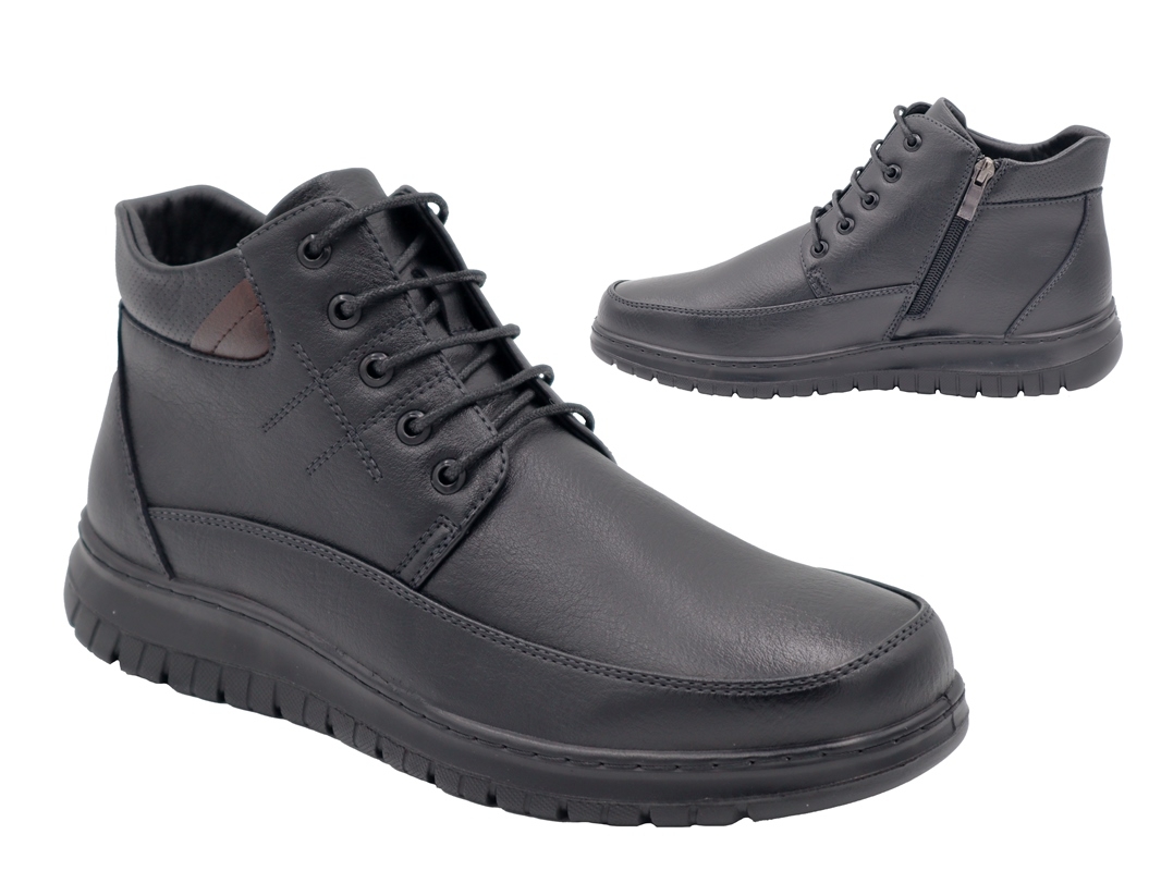 .He.-Knöchelschuh, PU-Sohle, seitl. Reißverschl. + Schnürung, Kaltfutter, PU, schwarz