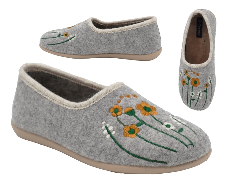 .Da.-Hausschuh, Sp., beige Sohle, Blumenstickerei, mit Wechsel-Sohle, Filzstoff, grau