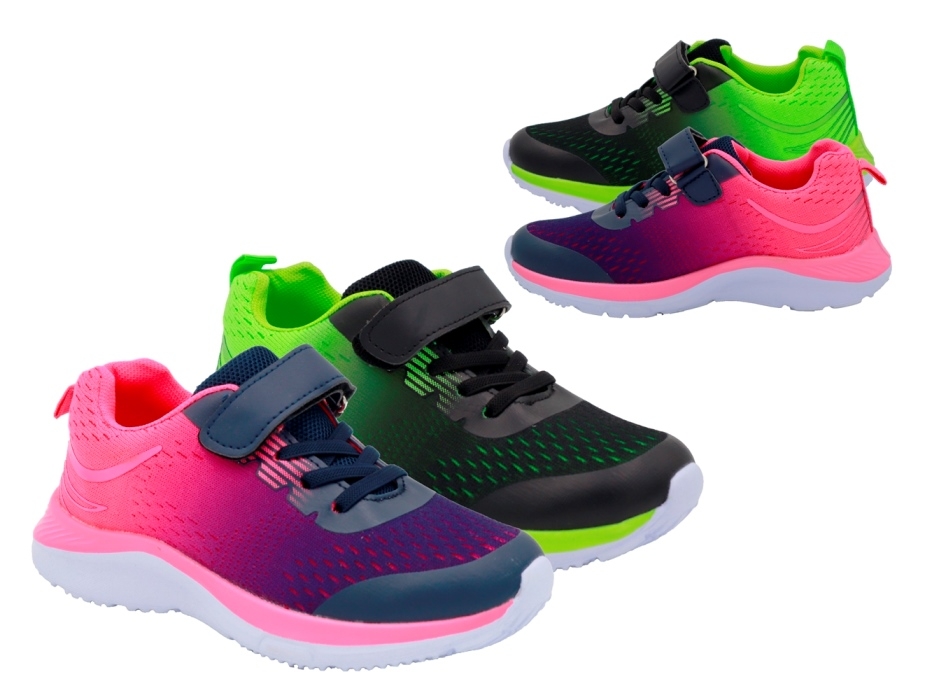 .Ki.-Sportschuh, EVA-Sohle, elast. Schnürung + Klettverschl., Strickoptick, Textil, schwarz-grün+navy-pink