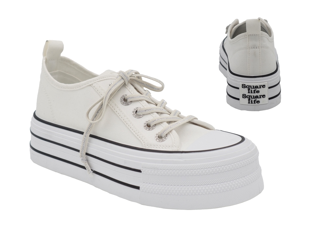 .Da.-Leinenschuhe, Plateau PVC-Sohle, Schnürer, Textil, weiß