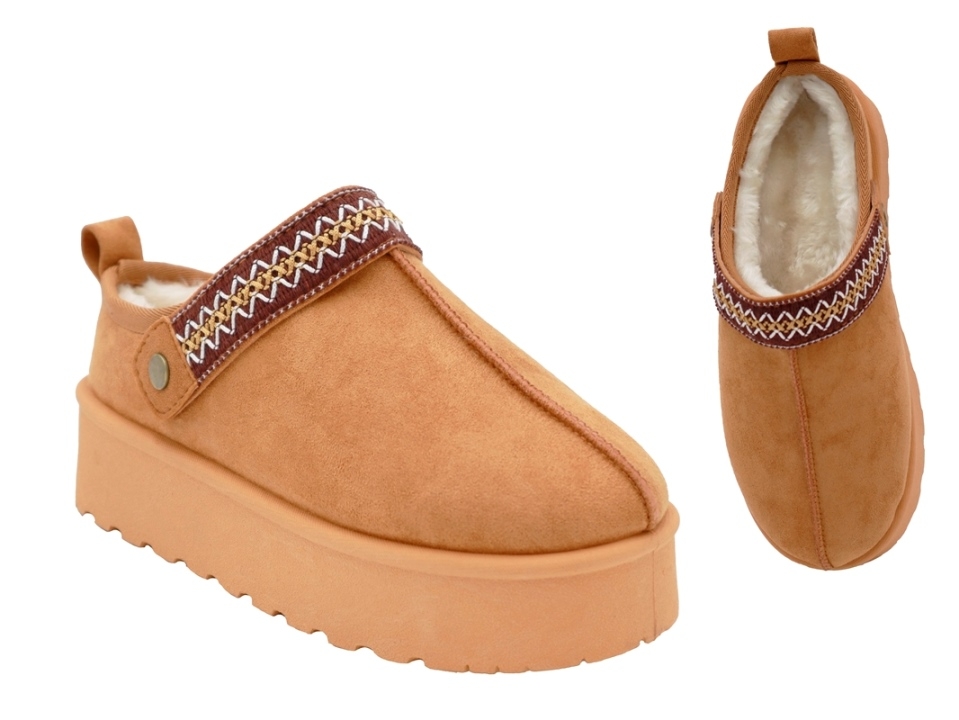 .Da.-Clog, dicke PVC-Sohle, mit besticktem Riemen, Warmutter, Microfiber, hellbraun