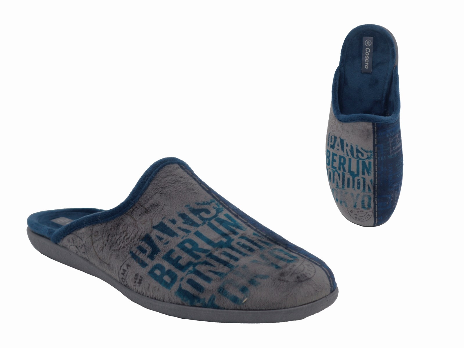 .He.-Pantoffel, Sp., PU-Sohle, "Cities", bedruckt, Samt, blau-grau