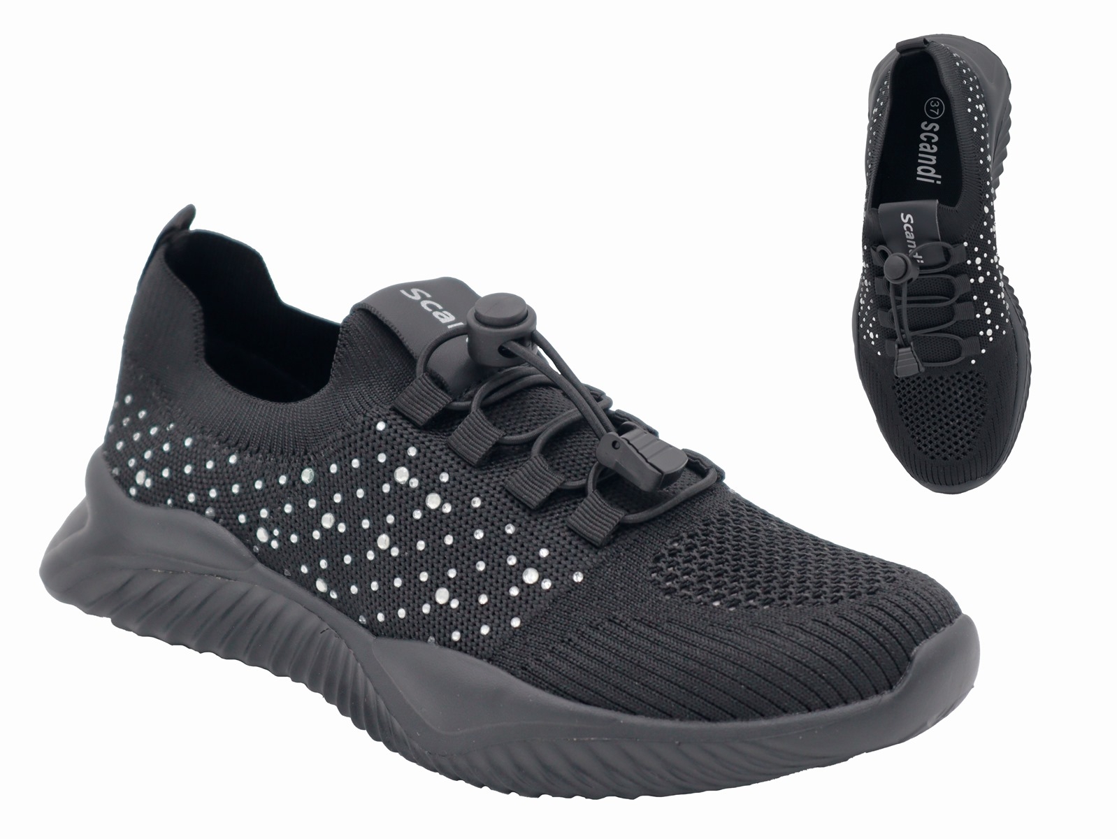 .Da.-Sportschuh, EVA-Sohle, elastische Schnürung, Ziersteine, PU/Textil, schwarz