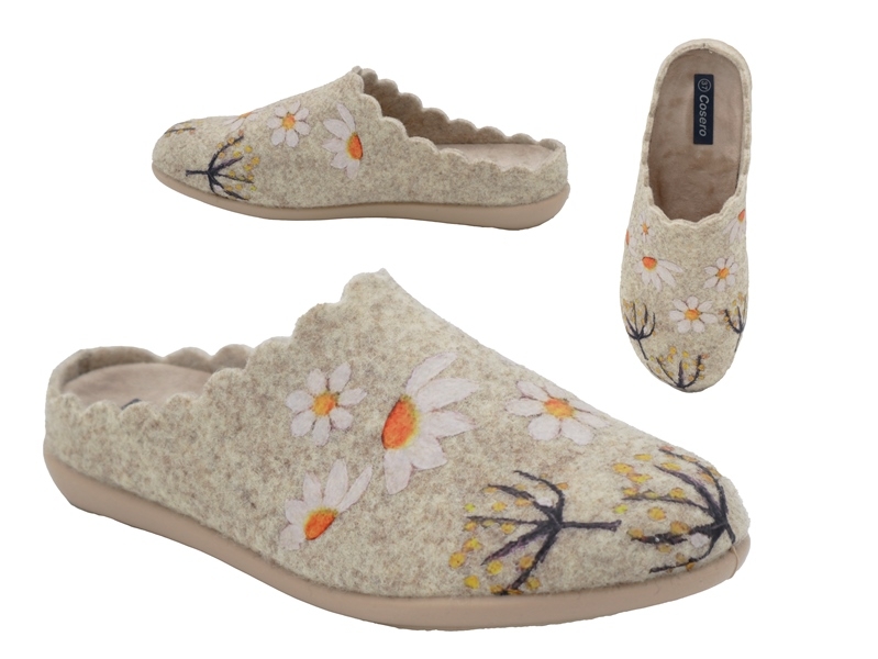 .Da.-Pantoffel, Sp., PU-Sohle, Blumenmuster, bedruckt, wellenförmiger Rand, mit Wechsel-FB, Filz, beige
