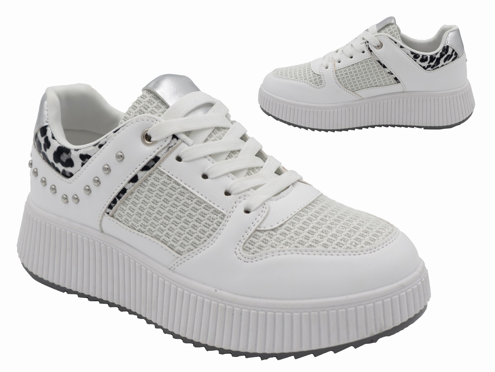 .Da.-Freizeitschuh, dicke PVC-Sohle, Ziernieten, Glitzereffekt, Leopardenmuster, Schnürer, PU/Textil, weiß