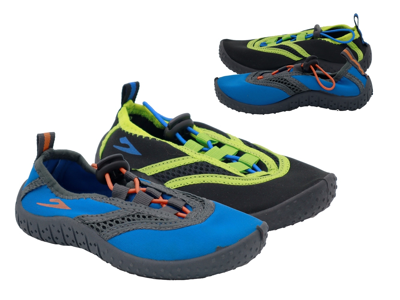 .Ki-Badeschuhe, dünne TPR-Sohle, Band zum verstellen, Polyester, blau+schwarz