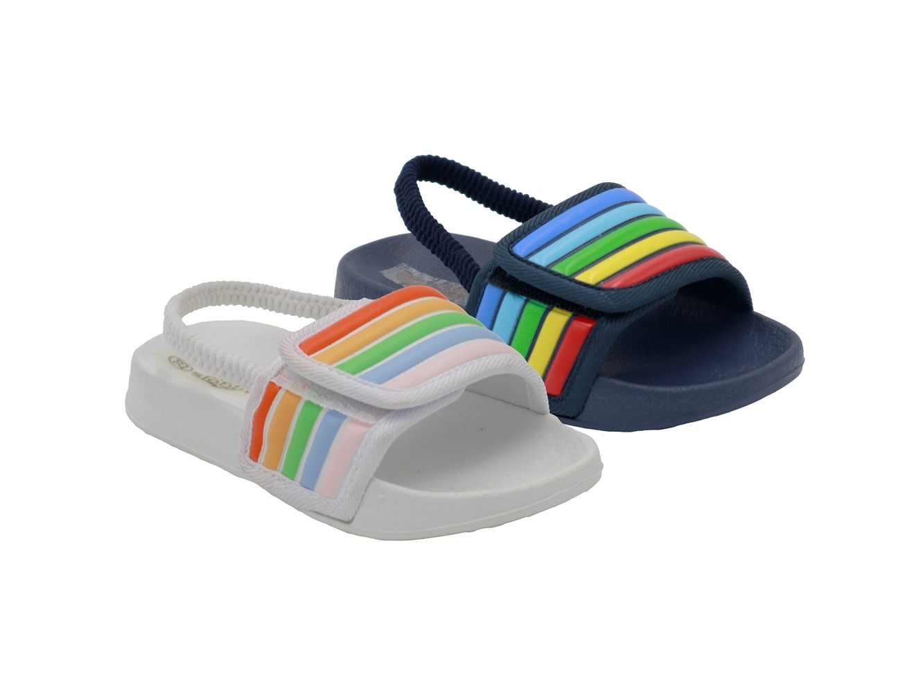 .Ki.-Badepantolette, EVA, mit Gummiriemen+Klett, Regenbogen, navy+weiß