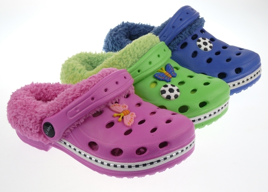 .Ki.-Clog, mit Riemen, EVA, mit Sticker, mit Löchern, Warmfutter, pink+grün+navy, Doppelgrößen