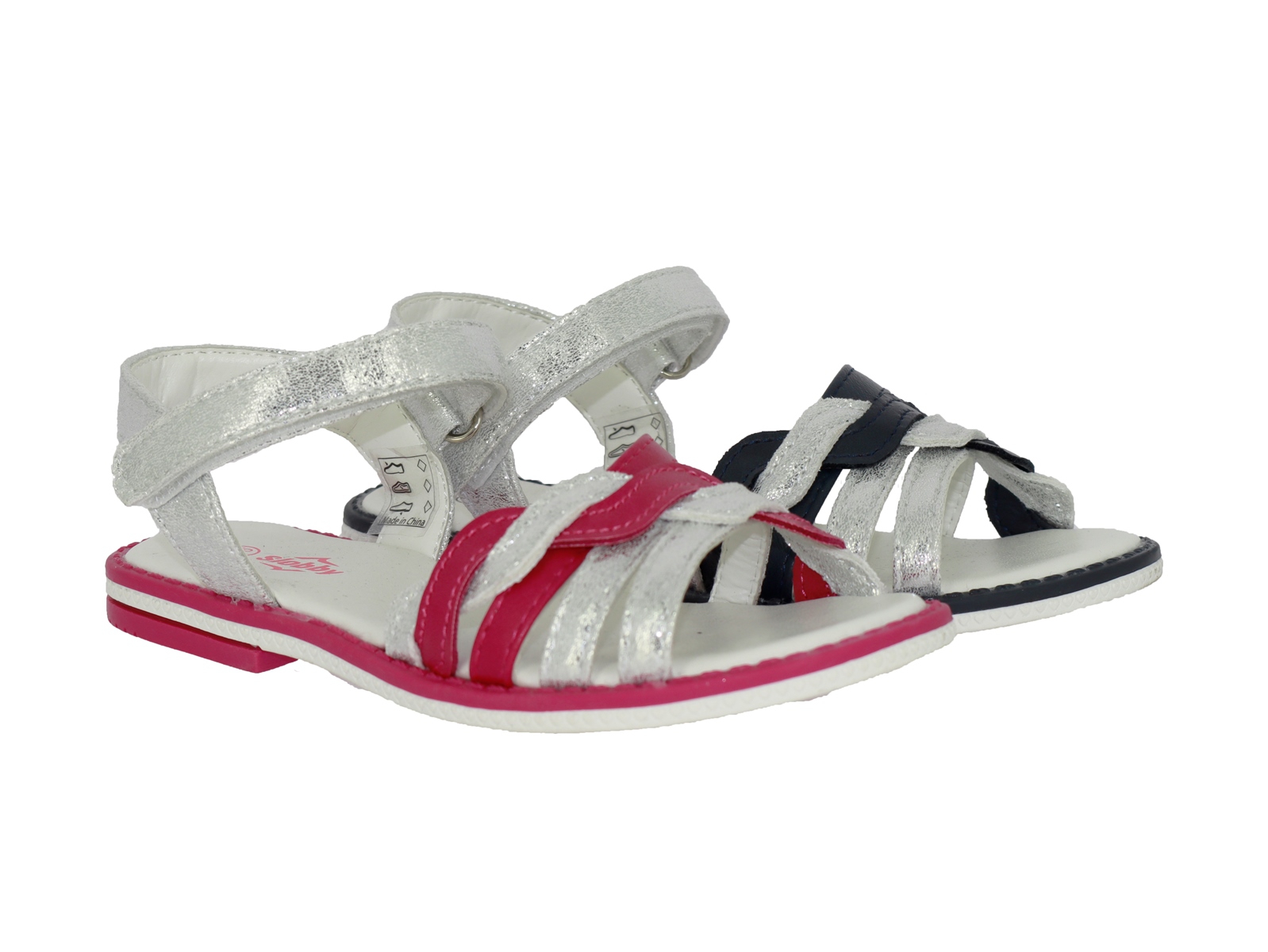 .Ki.-Sandalette, TPR-Sohle, 1x Klett,  geflochtene Riemen, PU, navy-silber + fuchsia-silber