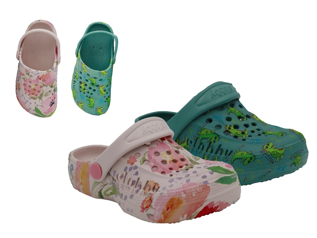 .Ki.-EVA-Clogs, SLOBBY, mit Löcher+Riemen, "Dinos+Blumen", khaki+rosa