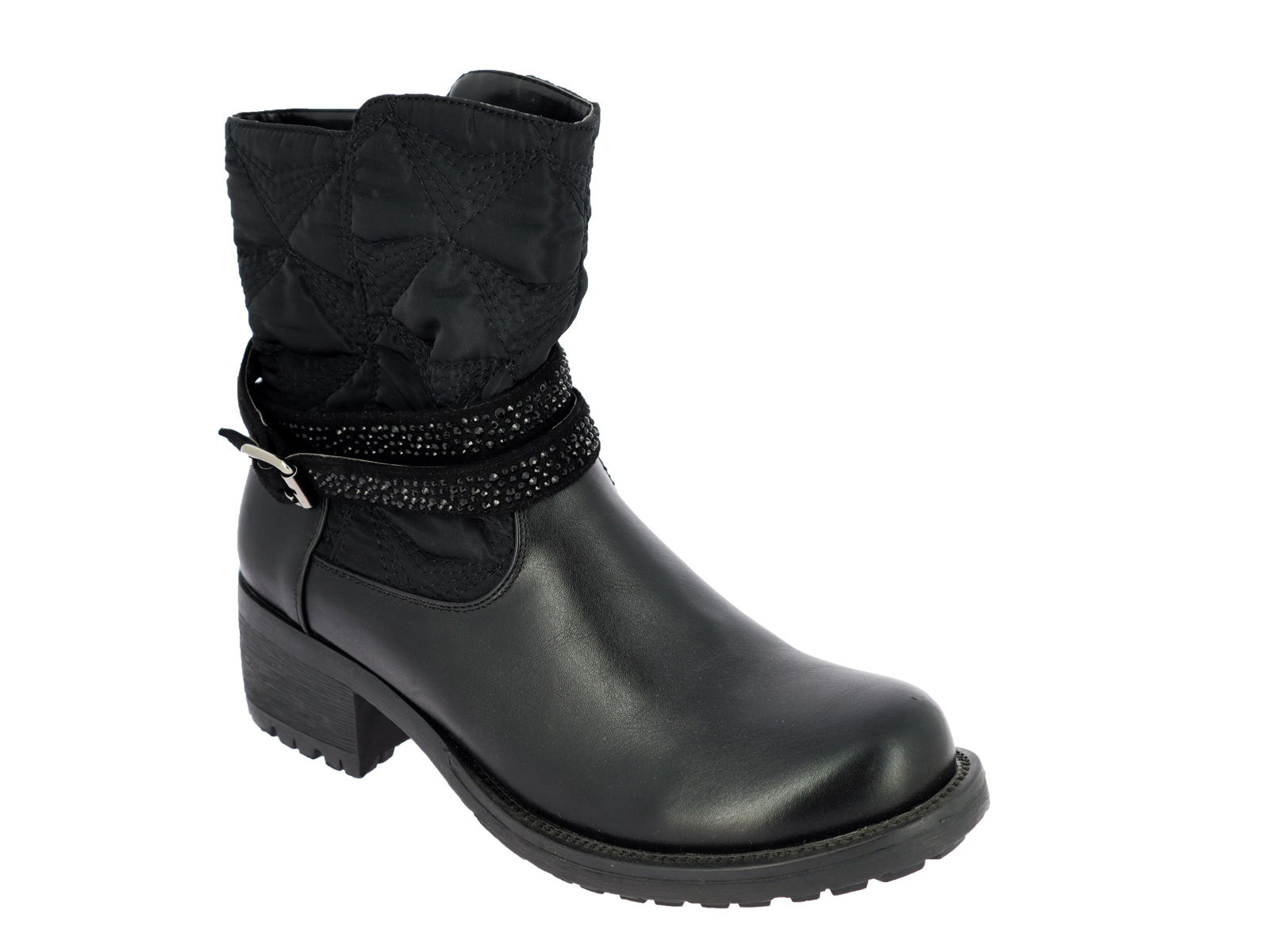 .Da.-Stiefelette, TPR-Profilsohle, Blockabsatz, seitl. Reißverschl., Zierschnalle mit Glitzer, Textilschaft, PU, schwarz