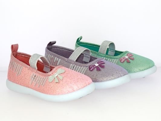 .Ki.-Schuh, PVC-Sohle, mit Schleife+Ziersteinen, Gummizug mittig, Glitzerstoff, pink+grün+lila