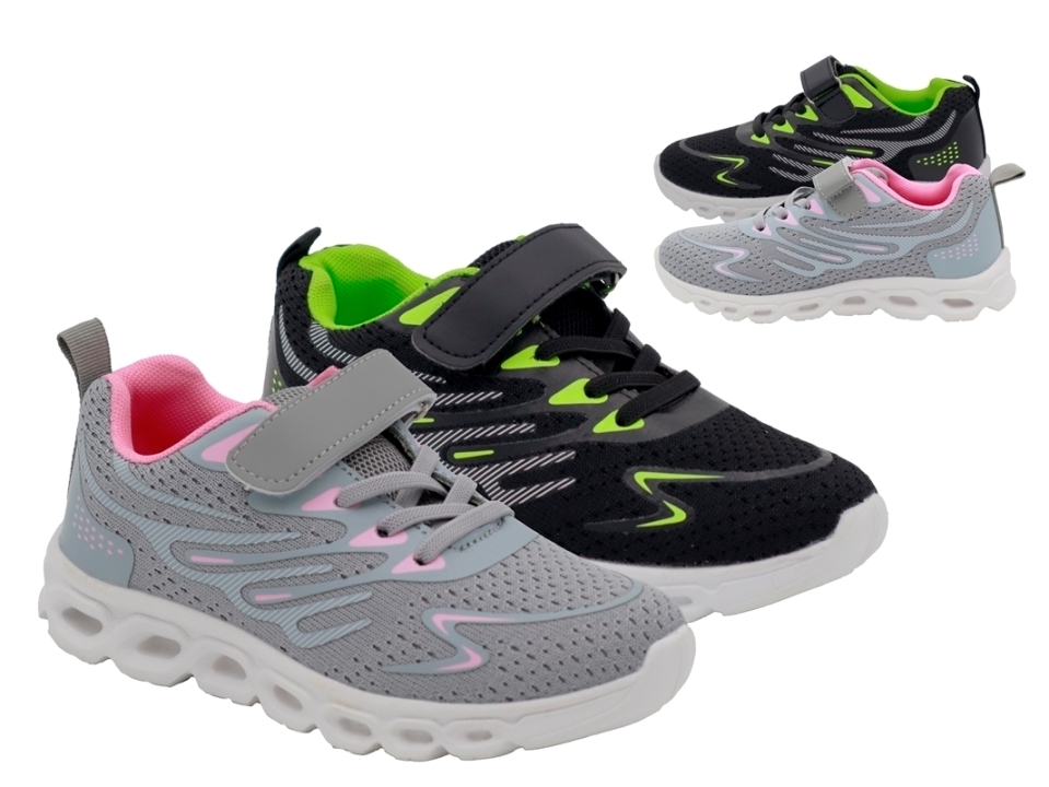 .Ki.-Sportschuh, EVA-Sohle, elast. Schnürung + Klettverschl., Strickoptick, Textil, grau-pink+schwarz-grün