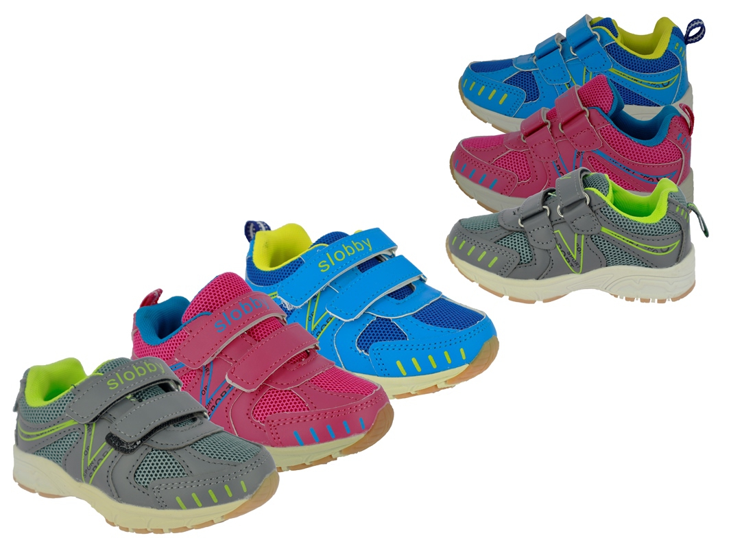 .Ki.-Sportschuh, TPR-Sohle, 2 x Klett, PU + Mesh, pink-blau + blau-gelb + khaki-grün