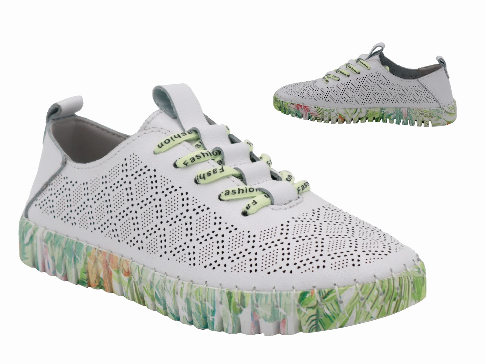 .Da.-Schuh, bunte Gummi-Sohle, Schnürung, Lochmuster, Lederinnensohle, Leder, weiß-bunt