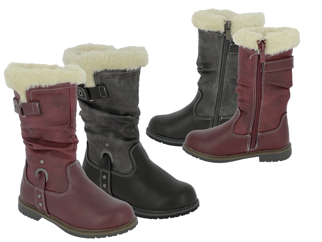 .Mäd.-Stiefel, TPR-Sohle, seitl. Reißv., PU, hint. u. seitl. Zierriemen, Fellrand, Warmfutter, bordeaux + grau